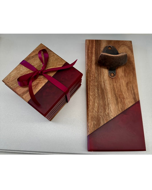 Magentic Resin Bottle Opener & Resin Coasters Gift Pack - Red